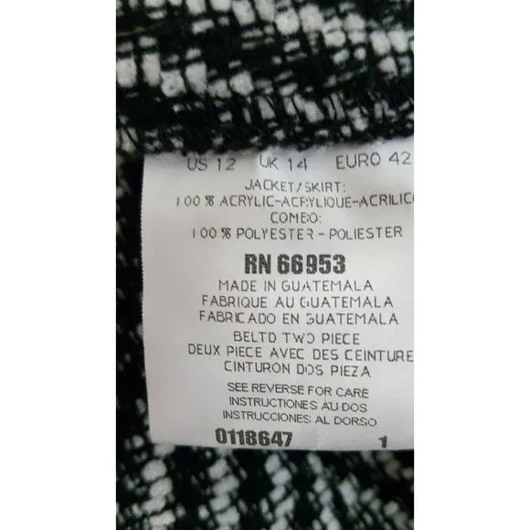 Vintage 90s Skirt Suit Leslie Fay 12 Black Chevron Long Sleeve Faux Leather Trim - Picture 9 of 10